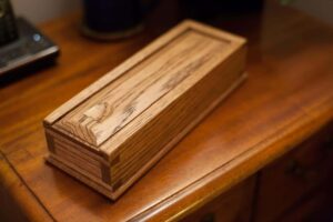 second sliding lid dovetail box, made from oak with shellac and dark wax finish.