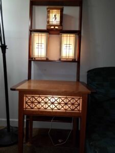 Shoji lamps. This is a collection of Shoji lamps that I have been making. It includes 3 lamps and a table with shoji panels. The woods are cherry walnut and curly maple.