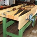 Pine, roughly 72" x 26" x 37" (I'm 5'6"). Lower is milk paint, with Boiled Linseed Oil overall. Followed the "Working Wood" workbench, which is very similar to the new videos. Most of the tools are restored from old -- Stanley planes and Disston Saws (the one closest to the vice was found in an antique store for $3, freshly sharpened -- I haven't restored it but used it throughout the bench build.