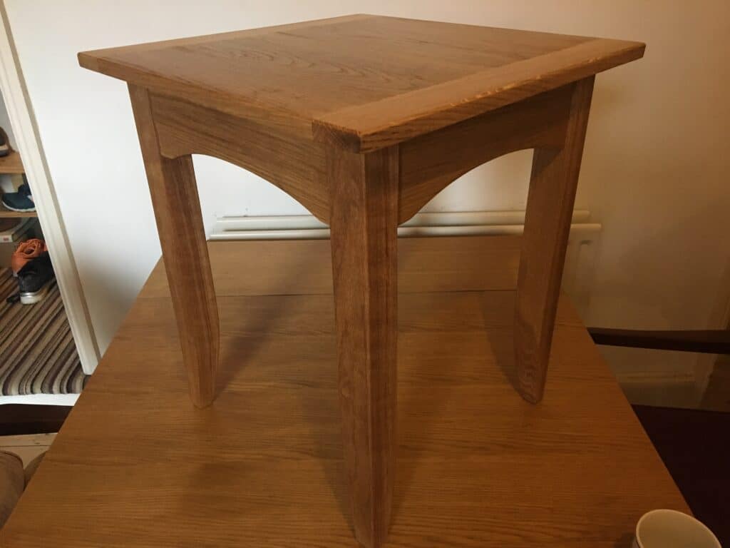 Oak side table. Enjoyed finding the confidence to adapt Paul's design to suit my requirements. Can't stop stroking the tabletop, and love the stripes that oak gives. I'm gutted to be giving it away as a gift.