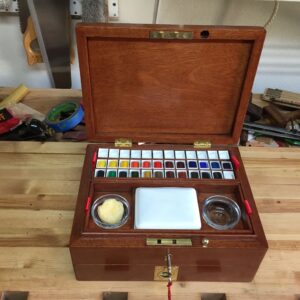 Reproduction of a watercolor artist box from the 1800s. Made this for my daughter for Christmas.