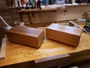 Two keepsake boxes made from elm, and given 4 coats of shellac. Nice project, and good drawings to work to.