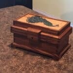 Zebra wood box with peacock marquetry