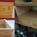 Workbench drawer -- Pine with Danish Oil. Drawer pull shaped from a cherry offcut. First-ever drawer, thanks to multiple screenings of Paul's drawer-making videos.