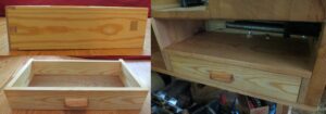 Workbench drawer -- Pine with Danish Oil. Drawer pull shaped from a cherry offcut. First-ever drawer, thanks to multiple screenings of Paul's drawer-making videos.