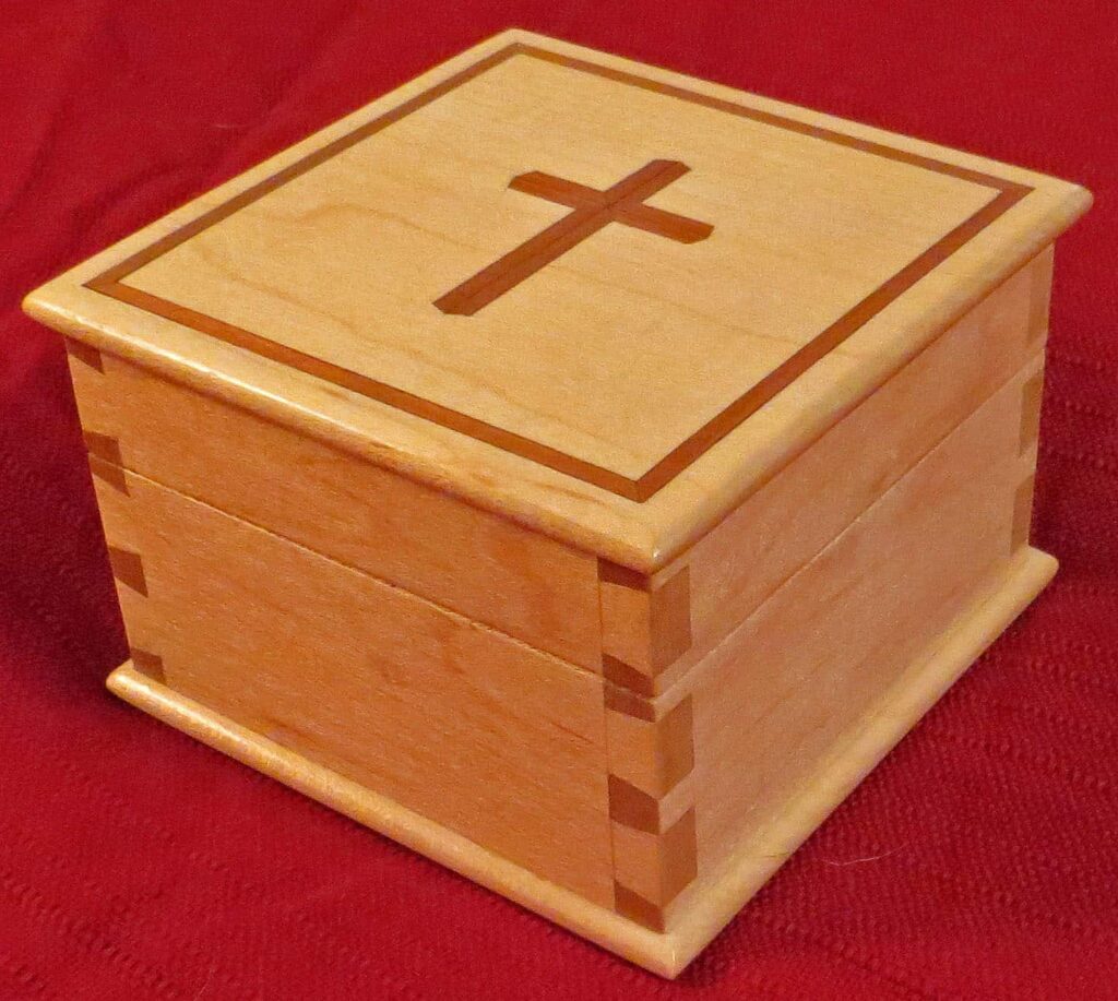hard maple; cherry inlay; shellac and wax; gift for baby's baptism