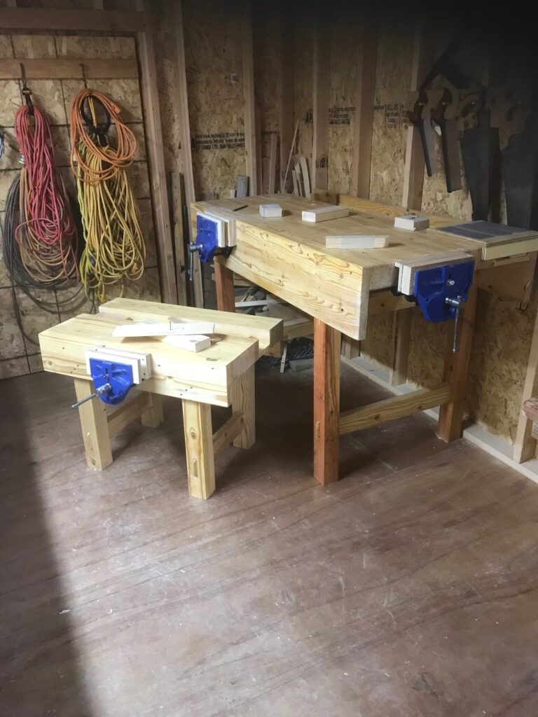 Used fir 2x4's from Home Depot and an old twisted 4x4 for the legs. Made the 4 year old and 2 year old grandson's bench from left over material.