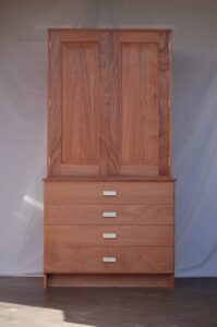 Numismatic coin cabinet. Used mahogany, maple, cocobolo drawer pulls and brass drawer pulls.