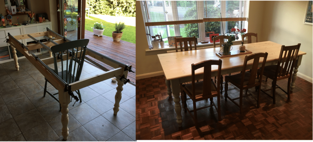 Solid Pine construction, painted apron and legs, with a whitewash top then clear coat varnish.