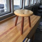 Milking Stool. My first project on my Seller's-style workbench! Thanks woodworkingmasterclass crew! Pine and redwood. Shellac and furniture polish finish.