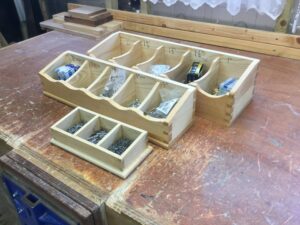Dovetail screw caddies made from pine treated with shellac
