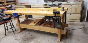 Work Bench, eight foot long with tusked through tenon suspension and 2x12 for tool well.
