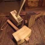 Poplar mallet heads, oak handles, stained or boiled linseed oil finish.