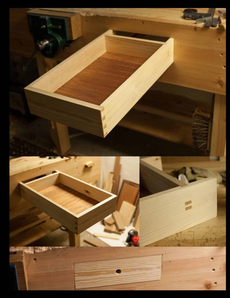 Workbench Drawer, made from redwood pine, the only part I changed was to use a double tenon instead of wedged tenon on the back piece, the bottom is made from solid sapele, it gets used a lot.