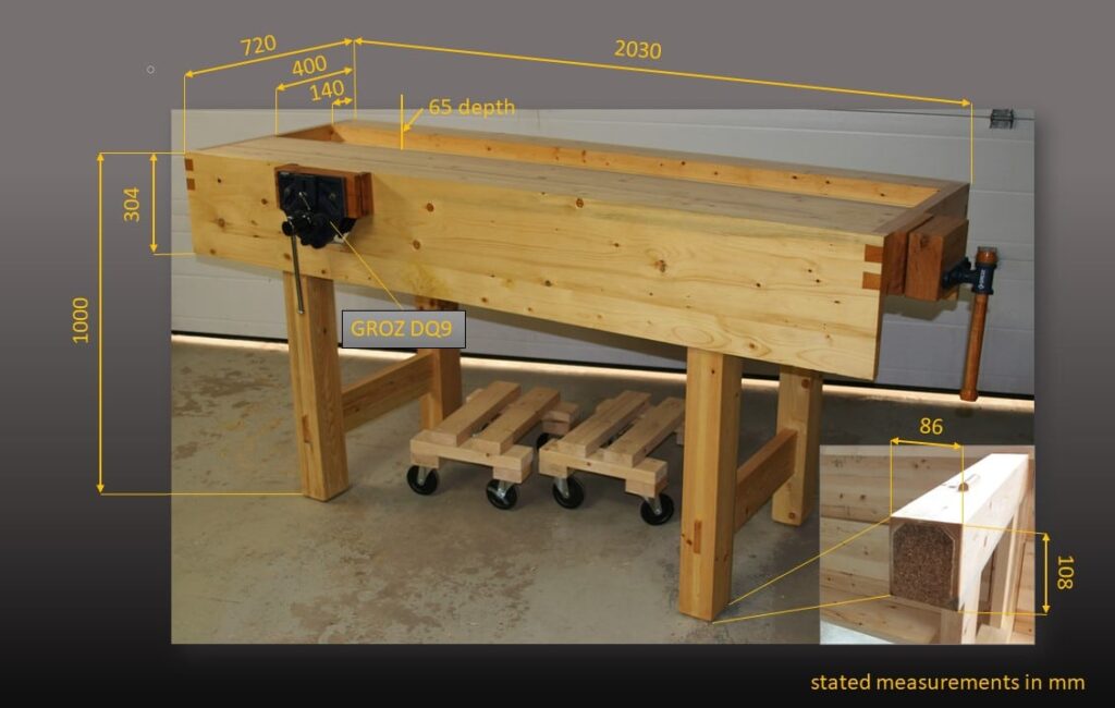 Thank you, Paul Sellers, for all your instructions and guidance. Your: “You can do it.” was helping me lot. My bench was made as a hybrid design of your garden and indoor project including a few ideas along the way. The bench is made out of standard construction SPF, 2 by 4’s (top) and 2(1) by 6’s (laminated legs). Aprons, legs and top are glue together permanently using PL400 instead of wood glue to allow for a bit more flexibility. After assembly, the workbench felt somewhat odd standing on my concrete floor, so I glued disks of cork onto the legs which gives the bench a “softer” feel. Bench is finish with Tung Oil and 3 coats of varnish. For the front vise, I recycled my oak kitchen cutting board, which interestingly revealed after plaining a very smooth texture likely from being “soaked” for many years with fat and oils. For the end vice I laminated 1-inch red oak. Thank you, Paul, for sharing so many great lessons and plans! Tim Reuter, Canada