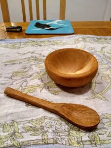 hand carved bowl in lime and spoon in oak