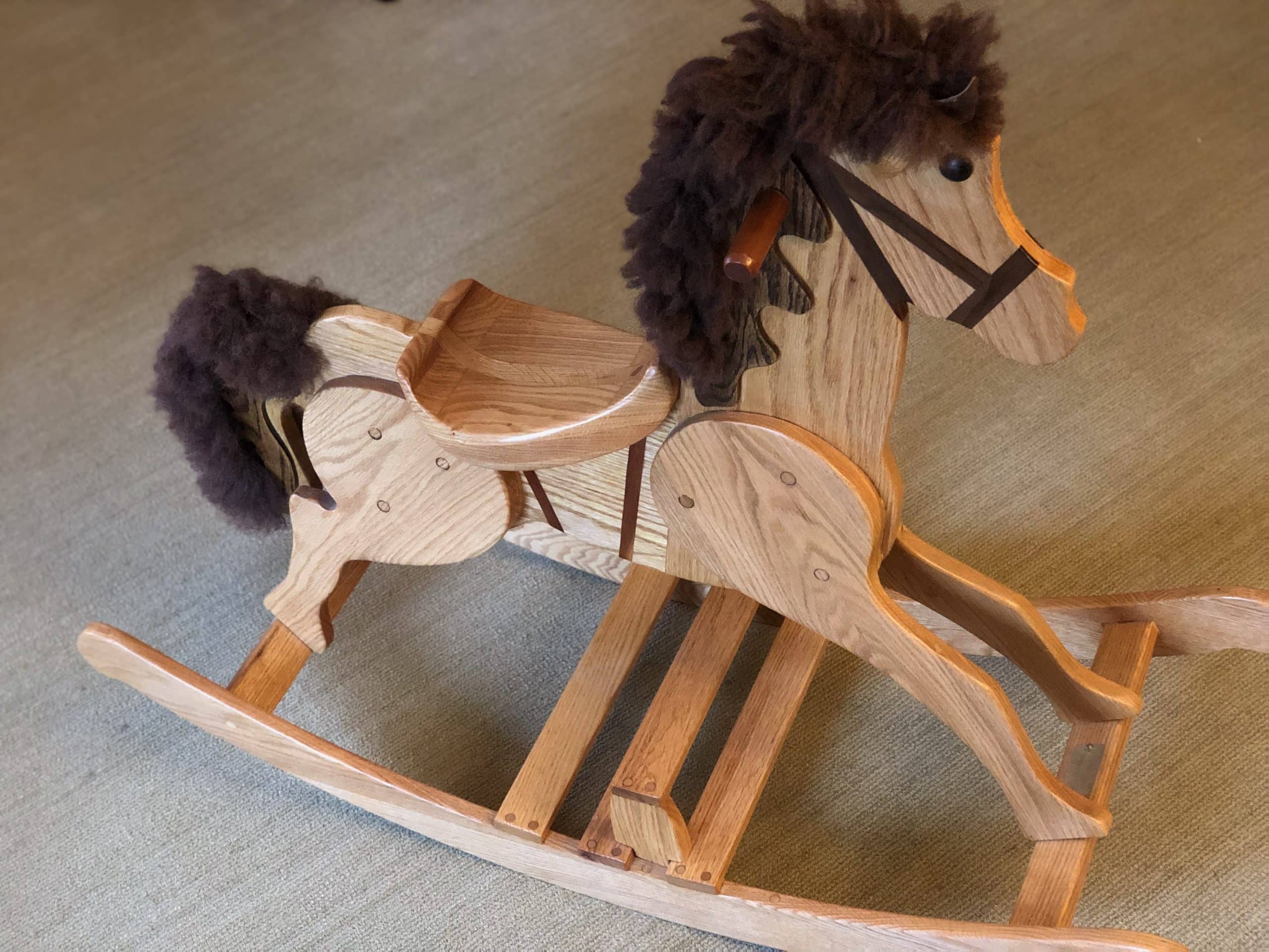 Oak Hobby Horse with walnut inlay bridle and macrame mayne and tail