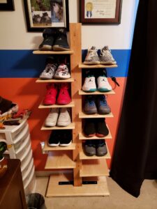 A spin on a self standing spine shelf for my brothers shoe collection. Everything is pine except the western red cedar post, put on two coats of wipe-on poly for a quick finish. Used only hand tools, except to cut all shelves to length which I used a radial arm saw for. Fun project and could be used for many other things other than shoes!