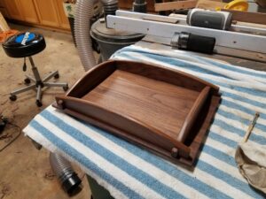 Desktop Letter size paper tray. Made from Walnut. Main body is one solid piece. Finished with a Danish oil. Paul Sellers video project.