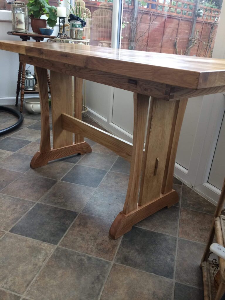 All oak it began with an off cut of my nephews new kitchen top and my wife’s desire for a new table. Scaled down from the original to suit our needs.