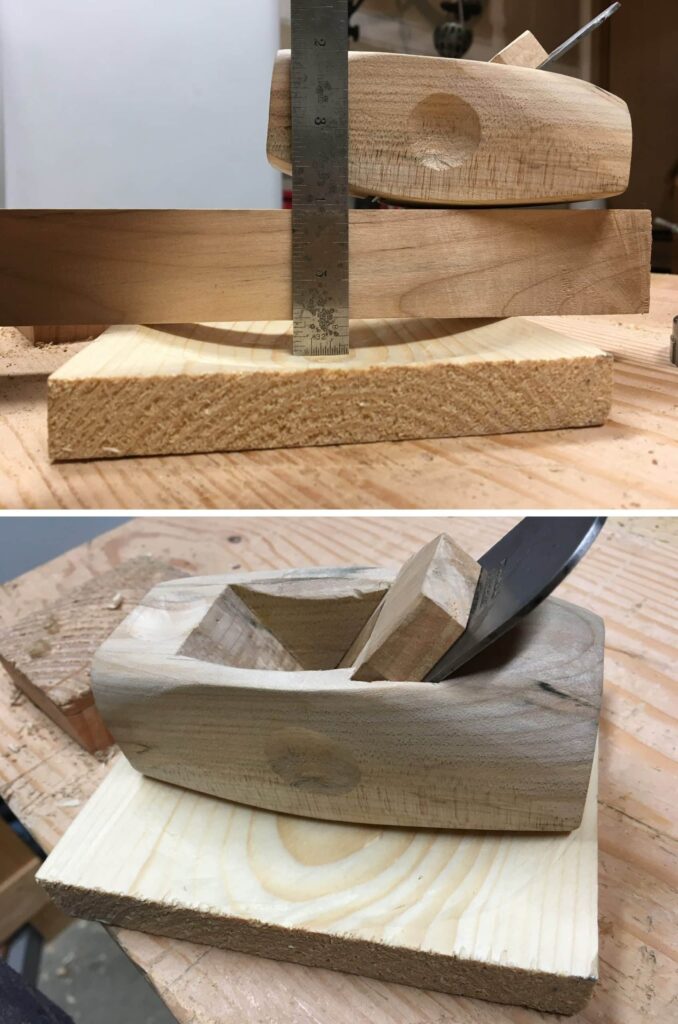I made this plane in preparation for the Shaker-style bench project. The iron was from an unused block plane and the wood was from a firewood log--spalted (fungus eaten) maple. I never used a wooden plane before, so this was a revelation to me. I tested it on a 3/4" thick piece of pine. It worked like a champ, despite my side pieces not having precise housing depths.