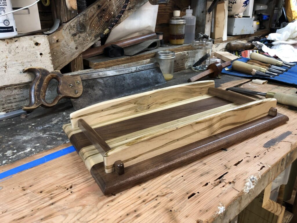 Serving tray, walnut and ambrosia maple.