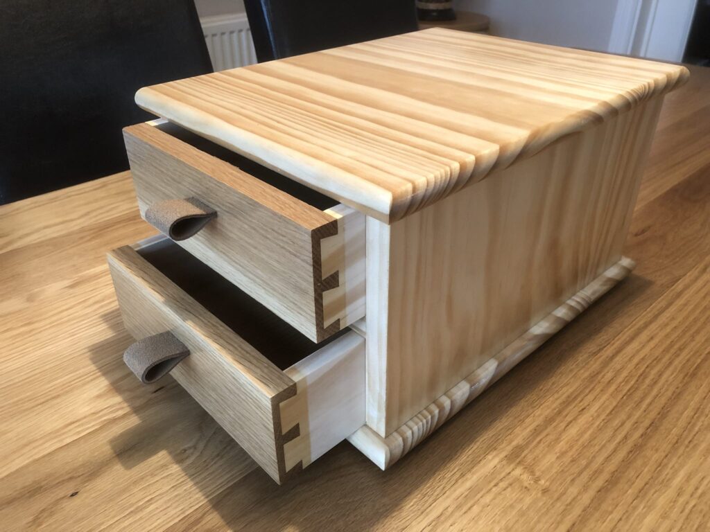 Tool two drawer unit made with offcuts from previous projects. White oak drawer fronts, carcass Kiwi clear pine, ply back and drawer bottoms (apologies to Paul)