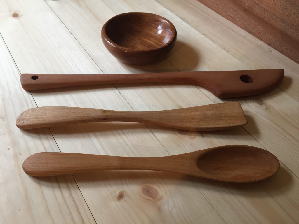 Oiled pear wood, oiled english cherry and waxed (on shellac) boire utensils, using Paul's techniques and recommended hand tools